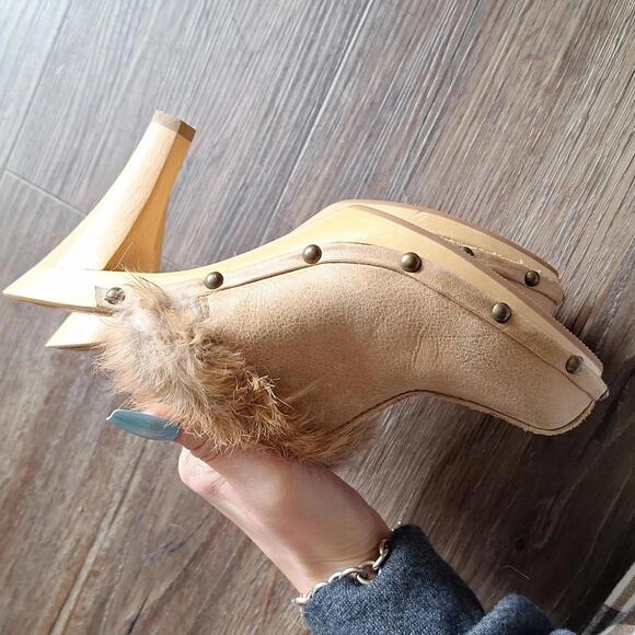 Pelle Moda Tan Leather Fur Wood Heel Size 6 - Picture 4 of 9